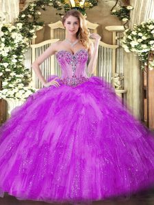  Fuchsia Tulle Lace Up Sweetheart Sleeveless Floor Length Quinceanera Gowns Beading and Ruffles