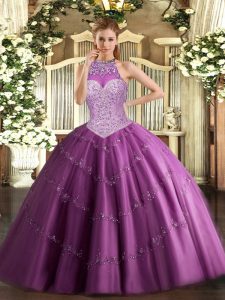  Fuchsia Sweet 16 Dresses Military Ball and Sweet 16 and Quinceanera with Beading and Appliques Halter Top Sleeveless Lace Up