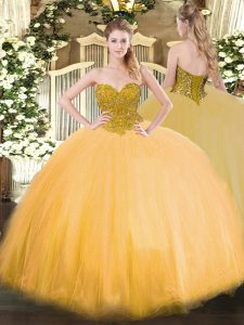  Floor Length Ball Gowns Sleeveless Gold Ball Gown Prom Dress Lace Up