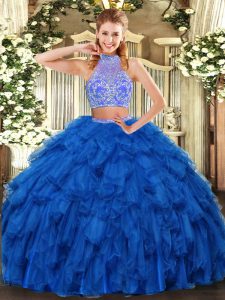 Dramatic Royal Blue Two Pieces Halter Top Sleeveless Organza Floor Length Criss Cross Beading and Ruffles Quinceanera Gown