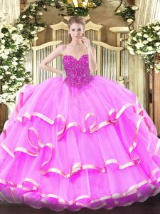 Custom Design Sleeveless Floor Length Lace Lace Up Sweet 16 Dress with Fuchsia