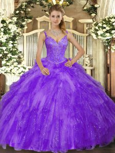  Lavender Ball Gowns V-neck Sleeveless Tulle Floor Length Lace Up Beading and Ruffles 15th Birthday Dress