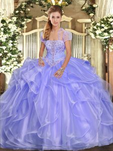 On Sale Strapless Sleeveless Quinceanera Gown Floor Length Appliques and Ruffles Lavender Organza