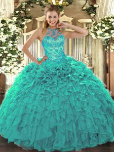 Excellent Turquoise Lace Up Sweet 16 Quinceanera Dress Beading and Embroidery and Ruffles Sleeveless Floor Length