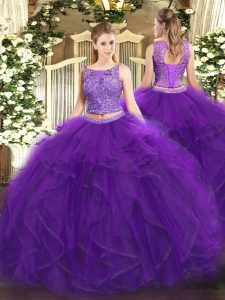  Scoop Sleeveless Lace Up Quinceanera Gowns Purple Tulle