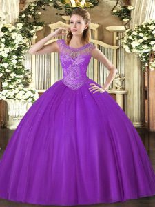 Most Popular Sleeveless Floor Length Beading Lace Up Quinceanera Gowns with Eggplant Purple