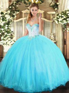  Aqua Blue Ball Gowns Sweetheart Sleeveless Tulle Floor Length Lace Up Beading Quince Ball Gowns