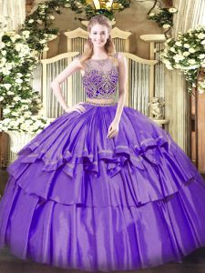 Discount Lavender Two Pieces Organza and Taffeta Scoop Sleeveless Beading and Ruffled Layers Floor Length Lace Up Ball Gown Prom Dress