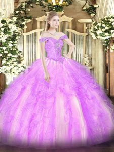 Dynamic Lilac Tulle Lace Up Ball Gown Prom Dress Sleeveless Floor Length Beading and Ruffles
