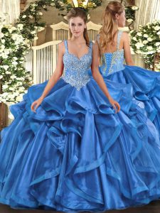 Fashion Ball Gowns Quinceanera Dresses Blue Straps Organza Sleeveless Floor Length Lace Up