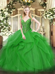  Green Sleeveless Floor Length Beading and Ruffles Lace Up Ball Gown Prom Dress