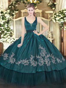 High Quality Sleeveless Organza and Taffeta Floor Length Zipper Vestidos de Quinceanera in Teal with Beading and Embroidery