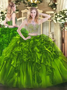 Decent Floor Length Olive Green Quinceanera Gowns Organza Sleeveless Beading and Ruffles