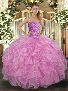 Exquisite Ball Gowns Vestidos de Quinceanera Rose Pink Sweetheart Tulle Sleeveless Floor Length Lace Up