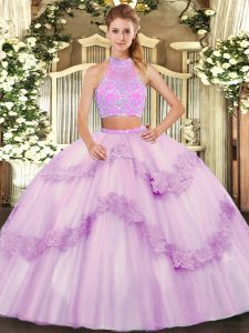 Free and Easy Lilac Two Pieces Beading and Appliques and Ruffles Quince Ball Gowns Criss Cross Tulle Sleeveless Floor Length