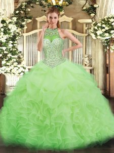 Modern Yellow Green Ball Gowns Organza Halter Top Sleeveless Beading and Ruffles and Pick Ups Floor Length Lace Up 15th Birthday Dress