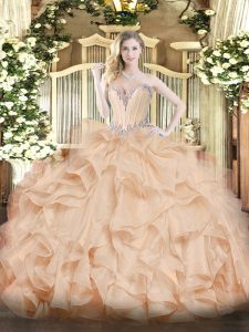 Artistic Sleeveless Floor Length Beading and Ruffles Lace Up Ball Gown Prom Dress with Peach