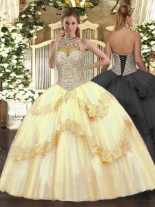 Tulle Halter Top Sleeveless Lace Up Beading and Appliques Quinceanera Dresses in Gold