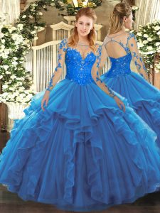 Low Price Long Sleeves Tulle Floor Length Lace Up Ball Gown Prom Dress in Blue with Lace and Ruffles