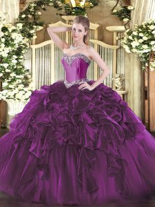 Designer Sleeveless Organza Floor Length Lace Up Sweet 16 Quinceanera Dress in Purple with Beading and Ruffles