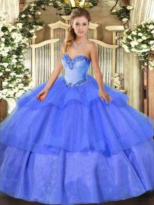  Sleeveless Floor Length Beading and Ruffled Layers Lace Up Sweet 16 Dresses with Blue