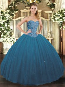 Pretty Sweetheart Sleeveless Lace Up Quinceanera Dress Teal Tulle