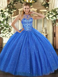 Trendy Floor Length Blue Sweet 16 Dress Halter Top Sleeveless Lace Up