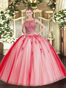 Cute Coral Red Tulle Lace Up Sweet 16 Dress Sleeveless Floor Length Beading and Appliques