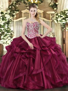 Romantic Wine Red Ball Gowns Beading and Ruffles Quince Ball Gowns Lace Up Organza Sleeveless Floor Length