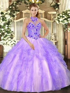 Custom Designed Lavender Organza Lace Up 15 Quinceanera Dress Sleeveless Floor Length Beading and Ruffles
