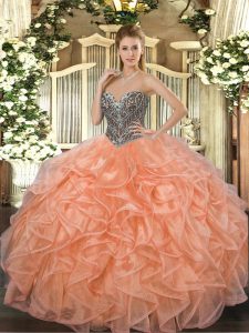  Orange Sleeveless Organza Lace Up Vestidos de Quinceanera for Military Ball and Sweet 16 and Quinceanera