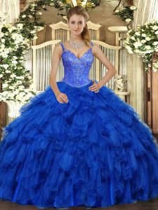 Clearance Sleeveless Organza Floor Length Lace Up Vestidos de Quinceanera in Royal Blue with Beading and Ruffles