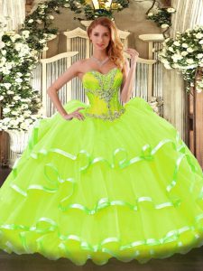 Most Popular Yellow Green Sleeveless Floor Length Beading and Ruffled Layers Lace Up Sweet 16 Quinceanera Dress