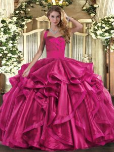  Fuchsia Ball Gowns Organza Halter Top Sleeveless Ruffles Floor Length Lace Up Quinceanera Gown