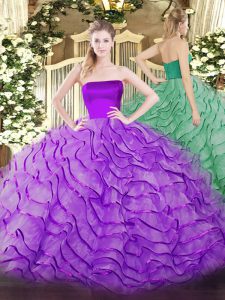 Exceptional Sleeveless Tulle Brush Train Zipper 15th Birthday Dress in Eggplant Purple with Ruffles