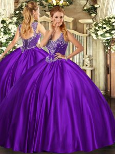 Admirable Sleeveless Floor Length Beading Lace Up Quinceanera Dress with Purple