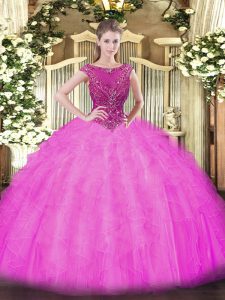 Deluxe Lilac Scoop Zipper Beading and Ruffles Quinceanera Gown Sleeveless