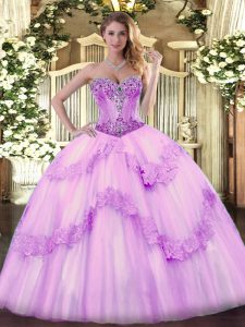 Flare Floor Length Lilac Quinceanera Dress Tulle Sleeveless Beading