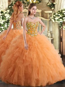 Super Orange Lace Up Sweet 16 Dress Embroidery and Ruffles Sleeveless Floor Length