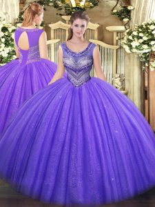  Lavender Lace Up Scoop Beading 15th Birthday Dress Tulle Sleeveless