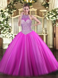Most Popular Halter Top Sleeveless Lace Up Quinceanera Dress Fuchsia Tulle