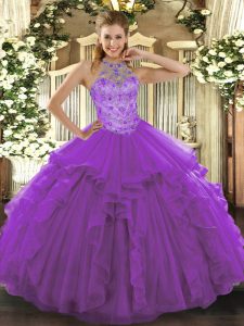 New Arrival Beading and Embroidery Quince Ball Gowns Purple Lace Up Sleeveless Floor Length