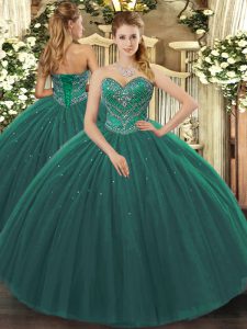  Floor Length Ball Gowns Sleeveless Dark Green Quinceanera Gowns Lace Up
