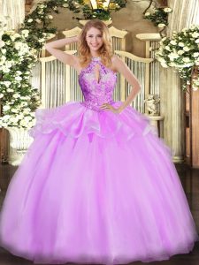  Lilac Lace Up Halter Top Beading 15th Birthday Dress Organza Sleeveless