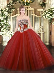 Delicate Wine Red Ball Gowns Strapless Sleeveless Tulle Floor Length Lace Up Beading Sweet 16 Dress