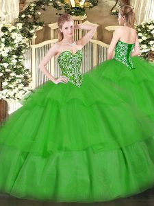  Beading and Ruffled Layers Quinceanera Dress Green Lace Up Sleeveless Floor Length