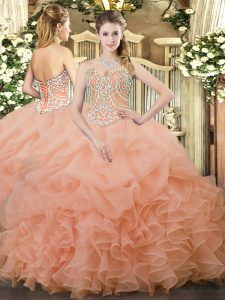 Fine Ball Gowns Quinceanera Gown Peach Sweetheart Organza Sleeveless Floor Length Lace Up