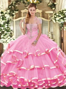  Rose Pink Quinceanera Gown Military Ball and Sweet 16 and Quinceanera with Appliques and Ruffled Layers Strapless Sleeveless Lace Up