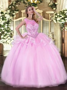  Sleeveless Floor Length Beading Zipper Ball Gown Prom Dress with Pink 