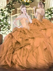 Glorious Brown Lace Up Off The Shoulder Beading and Ruffles Quinceanera Gowns Organza Sleeveless